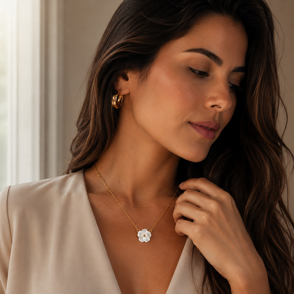Colar Flor de Pérola Banhado a Ouro 18K